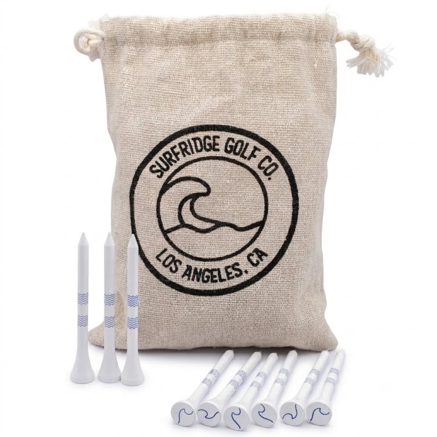 Surfridge Golf Co. canvas drawstring bag with white bamboo golf tees marked with a blue wave pattern